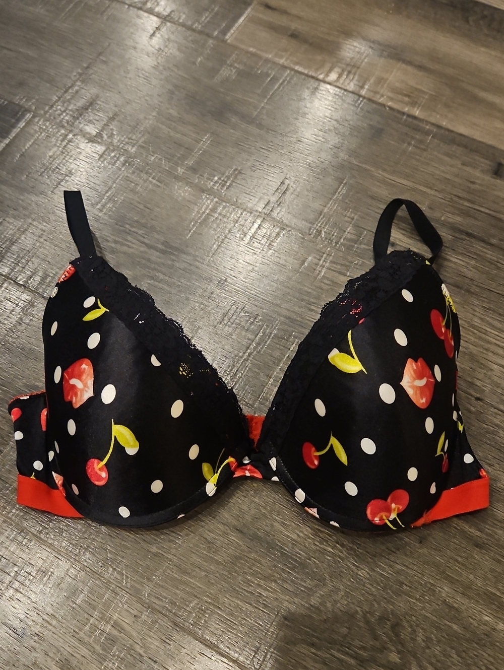 flirtitude Black Cherry Print Push-Up Bra with White Polka Dots